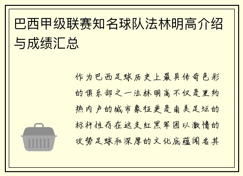 巴西甲级联赛知名球队法林明高介绍与成绩汇总