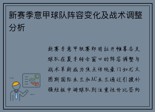 新赛季意甲球队阵容变化及战术调整分析