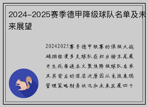 2024-2025赛季德甲降级球队名单及未来展望
